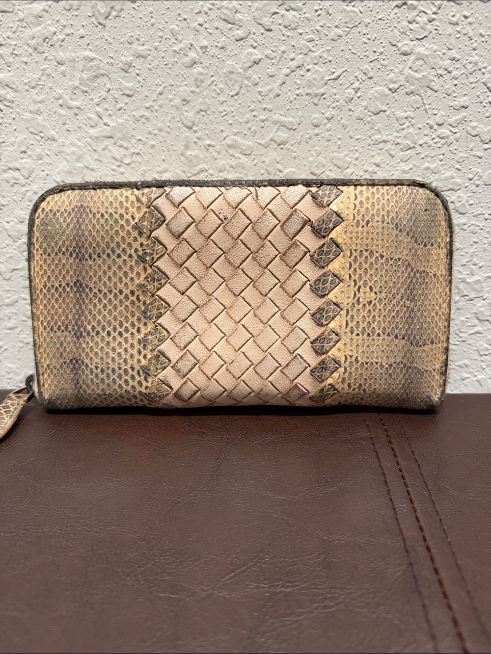 Bottega Veneta Woven Snake-Texture Zip Wallet in Beige
